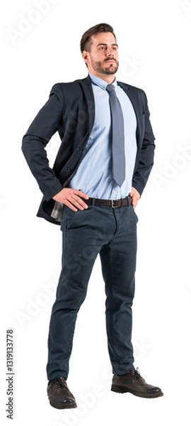 Fototapeta Confident man in business suit standing with hands on hips, looking forward. Isolated on white background. Concept of leadership and self-assurance