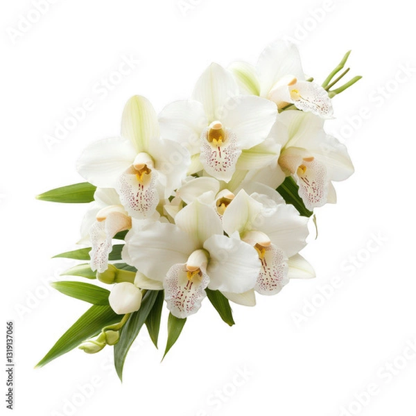 Fototapeta A cluster of elegant white orchids with intricate details and vibrant green leaves, showcasing their natural beauty.