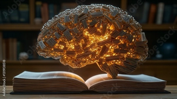 Fototapeta Brain Made of Open Books - Symbolizing Knowledge, Education, and Intellectual Growth - Hyper-Realistic Conceptual Art - Generative AI