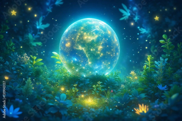 Obraz Green glowing planet earth - Harmony of nature , green planet , sustain environment