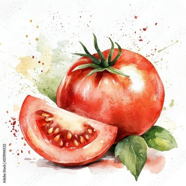 Fototapeta Watercolor painting of a ripe red tomato and a slice, with green leaves and colorful watercolor splatters on a white background