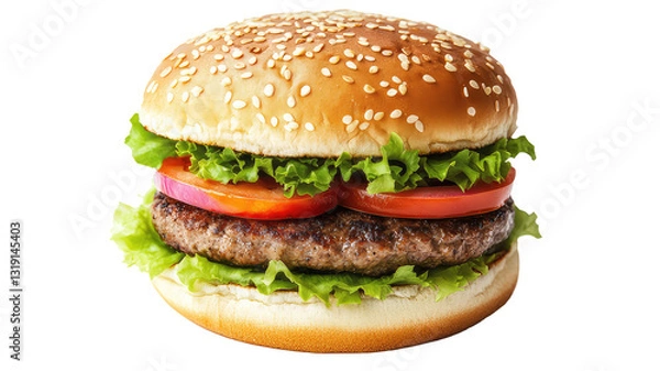 Obraz Burger, a gourmet burger with melted cheese, tomato, and juicy beef patty, sesame seed bun, garnished with herbs, food styling,
