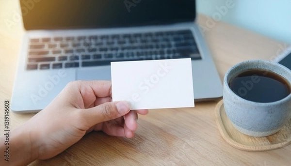Fototapeta a person holding a blank business card in front of a laptop and a cup of coffee