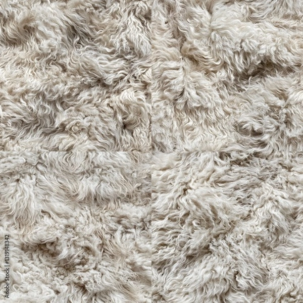Fototapeta Close-up shot of off-white, curly sheepskin wool. Texture is dense and fills the frame completely. Lighting is diffused and even, highlighting the wool's natural texture.