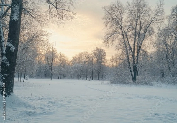 Fototapeta Peaceful Winter Sunrise in a Snowy Park