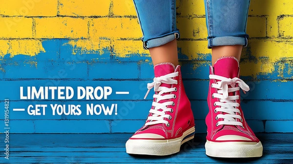 Fototapeta Woman's feet in pink high-top sneakers in front of a bright yellow and blue brick wall, promoting a limited-time sale.