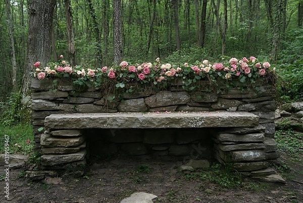 Fototapeta A stone bench in the forest is covered in beautiful roses