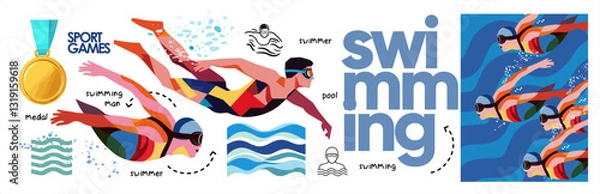 Obraz Swimming. Sport. Vector abstract geometric illustration of swimmer on competition in pool and water, medal, swimming people underwater in goggles on white background for icons, symbol and sign