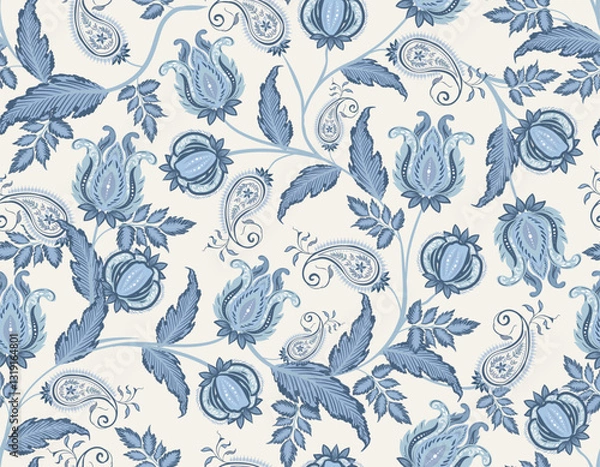 Obraz Trendy stylish Hand drawn Motone Blue  floral pattern with paisley and indian flower motifs. pattern