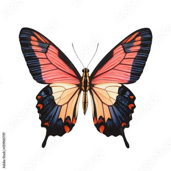 Fototapeta A vibrant butterfly with intricate patterns, showcasing shades of pink, blue, and black on its wings. isolated on white background.