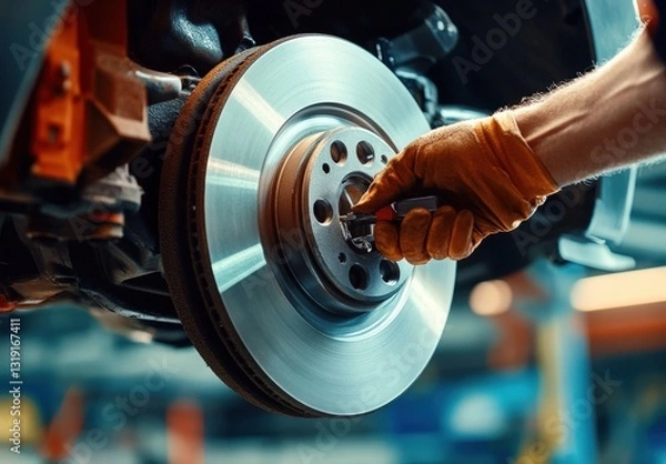 Obraz A close-up of an auto hands adjusting the brakes on a car, with brake pads and discs clearly visible
