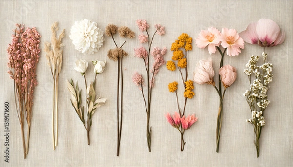 Fototapeta Assorted dried and fresh flowers on beige background creating natural aesthetic