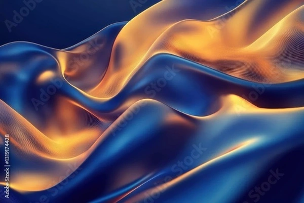 Fototapeta Mesmerizing fluid digital waves shaping into structured artificial neural network with deep blue and shimmering gold tones