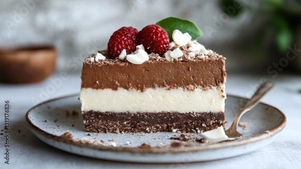 Fototapeta An exquisite layer cake featuring smooth chocolate and rich raspberry flavors, beautifully garnished to elevate any special occasion or dessert table setting.