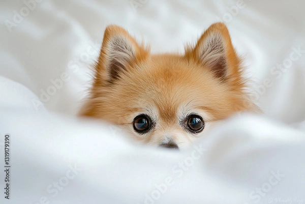 Obraz Closeup Adorable Pomeranian Peeking from Soft White Blankets, selective focus. Generative AI Illustration.