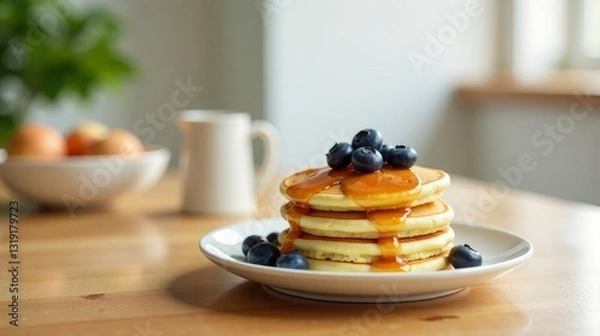 Fototapeta Delicious Pancakes Topped with Sweet Syrup and Fresh Berries on a Wooden Table