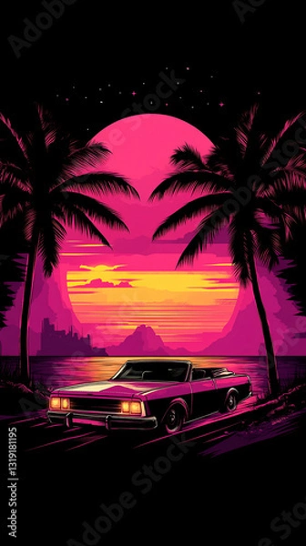 Fototapeta Retro sunset drive through the tropics with convertible car scene