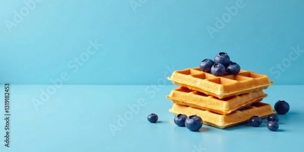 Fototapeta A delightful stack of golden waffles adorned with fresh blueberries, a tempting breakfast treat on a serene blue background