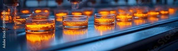 Fototapeta Glowing Petri Dishes Showcasing Miniature Genetic Ecosystems in a Laboratory Setting