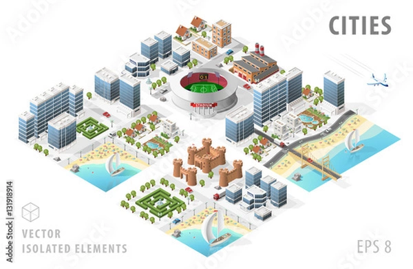 Fototapeta Set of Isolated Isometric Realistic City Maps. Elements with Shadows on White Background.
