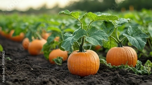 Obraz Pumpkins growing in a field