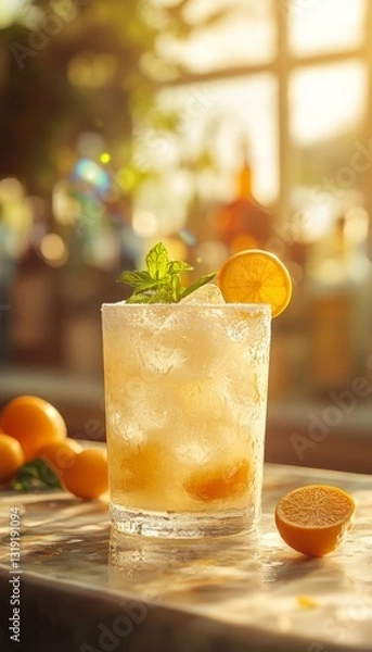 Fototapeta kumquat margarita cocktail in a glass at a bar on the beach