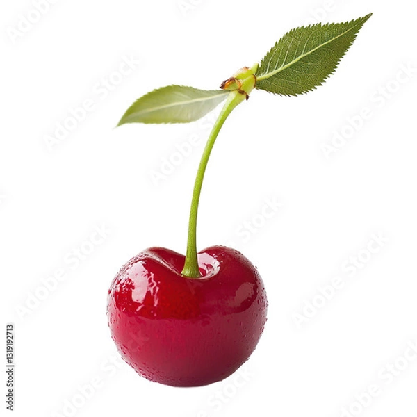 Fototapeta Single Red Cherry with Green Leaf on Transparent PNG Background