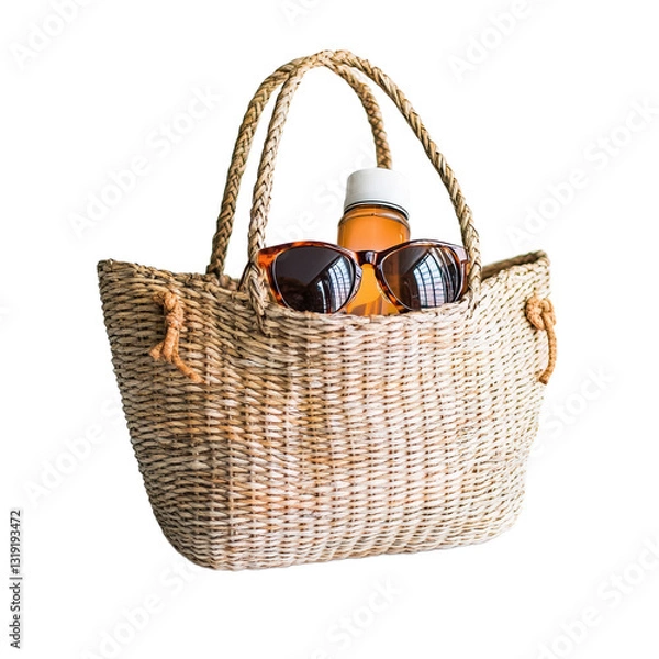 Obraz Beige Straw Tote Bag with Sunglasses and Bottle Transparent PNG Background