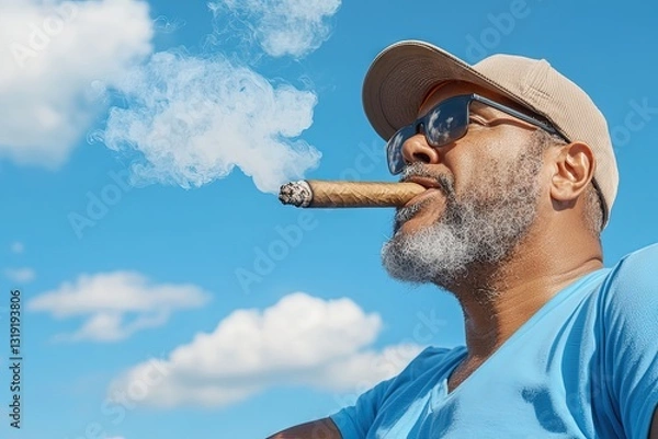 Fototapeta A striking portrait of a man exhaling cigar smoke against a peaceful sky with clouds.