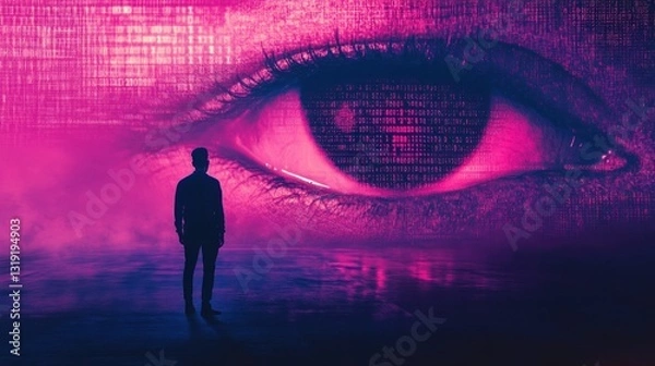 Obraz Man facing giant eye, digital future, concept art