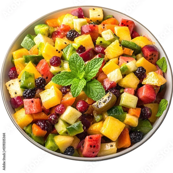 Obraz Colorful Fruit Salad in Bowl with Mint Garnish Transparent PNG Background