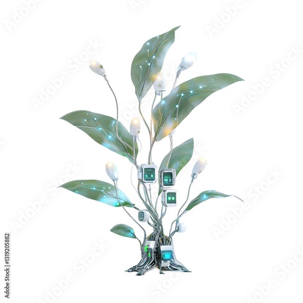 Obraz Glowing Teal And White Technology Tree With Circuitry And Lights Transparent PNG Background