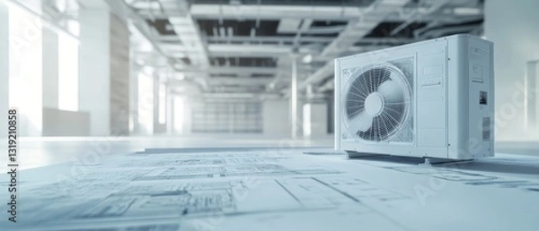 Fototapeta Air conditioning unit on blueprints in modern office space