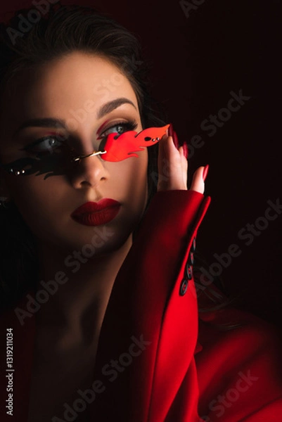 Obraz Young Woman In Red Suit With Red Lips And Sunglasses Posing On The Black Background