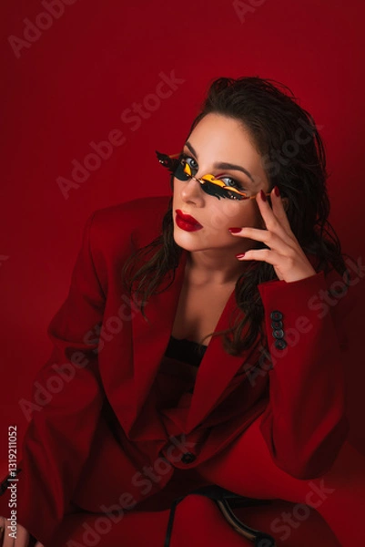 Obraz Young Woman In Red Suit With Red Lips And Sunglasses Posing On The Red Background