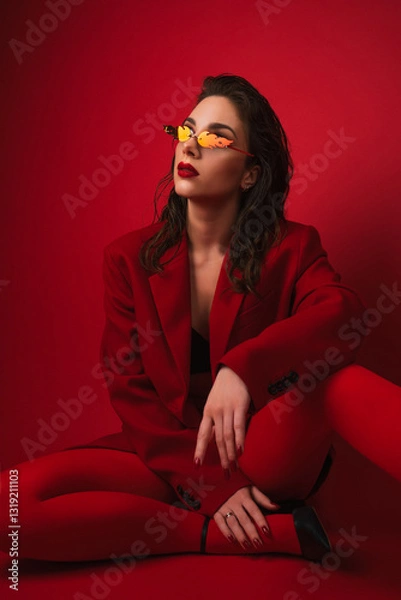 Obraz Young Woman In Red Suit With Red Lips And Sunglasses Posing On The Red Background