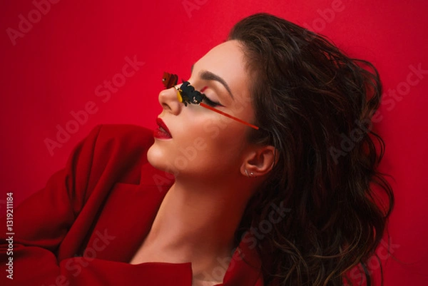 Obraz Young Woman In Red Suit With Red Lips And Sunglasses Posing On The Red Background