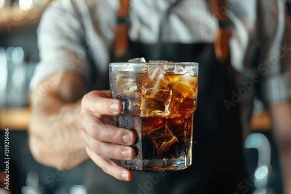 Fototapeta High Resolution Picture of a Barista Holding a Glass of Cold Brew Coffee with Ice