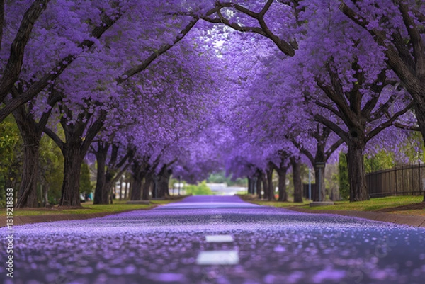 Fototapeta scene of a pathway or road lined with purple trees in full bloom, likely jacaranda or cherry blossom trees.