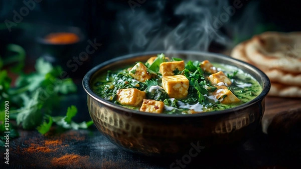 Fototapeta A  Palak Paneer with basmati rice and naan, served in a rustic brass bowl on a dark rustic wooden table with scattered aromatic spices
