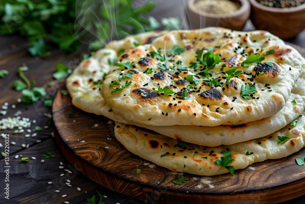 Fototapeta A freshly baked naan flatbreads with a crispy crust, sprinkled with black sesame seeds and parsley greens on a wooden table