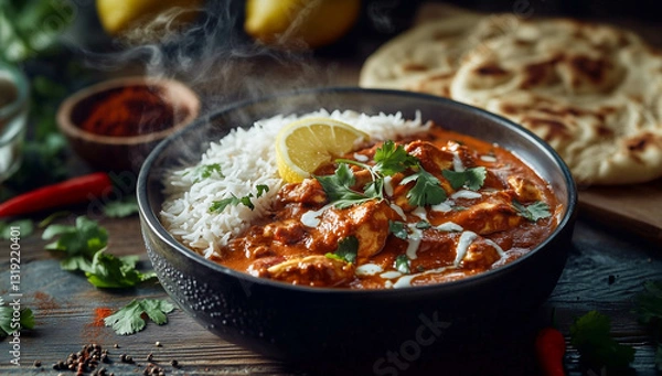 Fototapeta A bowl of Chicken Tikka Masala with basmati rice and naan, set on a dark rustic wooden table with scattered aromatic spices

