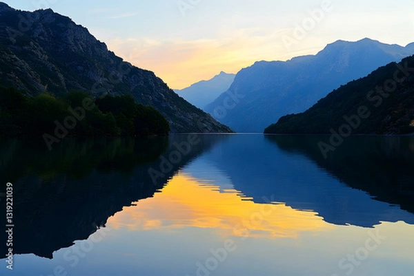 Fototapeta A warm sunset reflecting in the mirror-like surface of a tranquil lake