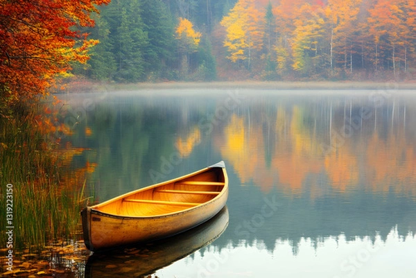 Fototapeta A wooden canoe gently floating on a serene autumn lake