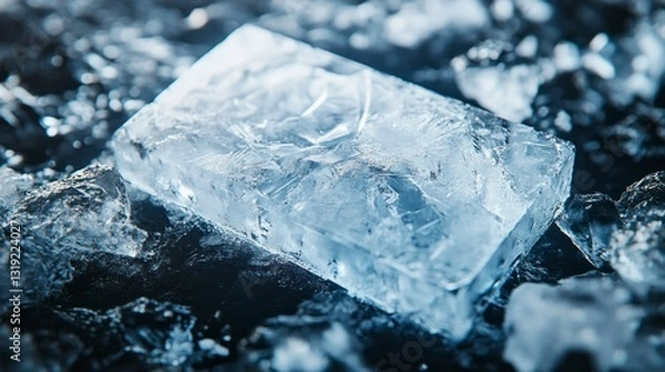 Fototapeta Artistic frosted ice plaque displaying transparent engravings in a studio environment close-up perspective