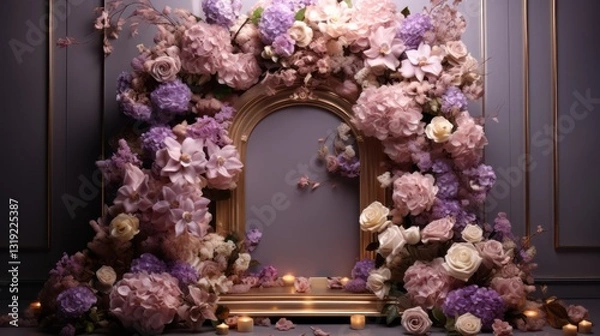 Obraz realistic looking golden tall 3d modern shaped border with standing on podium, there is a stunning eye catchy real flower arrangement with purple roses and white hydrangies standing besides frame