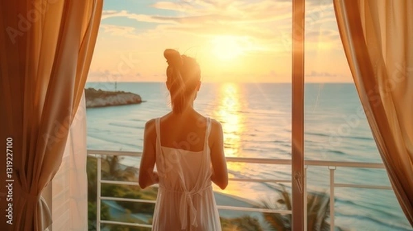 Obraz Rear back view woman opening curtains, relaxing and looking beautiful seascape panorama with rays of sun light in holiday on the balcony in high quality hotel feeling happy. Composition of nature