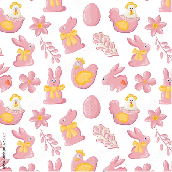 Fototapeta Happy Easter pattern of lovely pink elements from eggs, bunnies, chickens, flowers, twigs, cakes and bows. Vector Easter holiday seamless background for designing a card and invitation to a holiday.