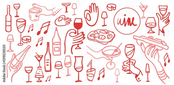 Fototapeta Isolated vector set of wine and alcoholic beverage glasses and tumblers. Hand drawn sketch.Red and black drawing on white background.Cocktails, martini, whiskey, cognac. Wine appetisers, cheese