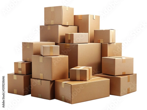 Fototapeta multiple shipping boxes stacked in warehouse setting isolated on white or transparent background png